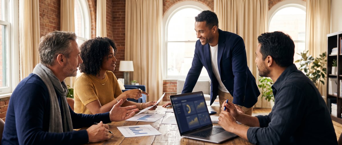 Four professionals in an animated strategy discussion around a table covered with charts and an open laptop